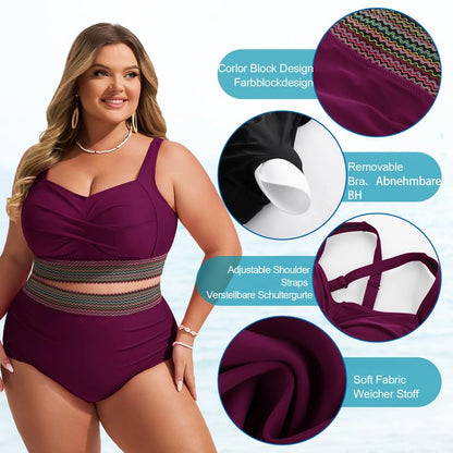 Women's Plus Size Bikini Set Tummy Control Swimwear Twist Cross Push Up Bikini Top and High Waist Bikini Bottoms Soft Swimming Costume Curvy Swimsuits with Adjustable Shoulder Straps