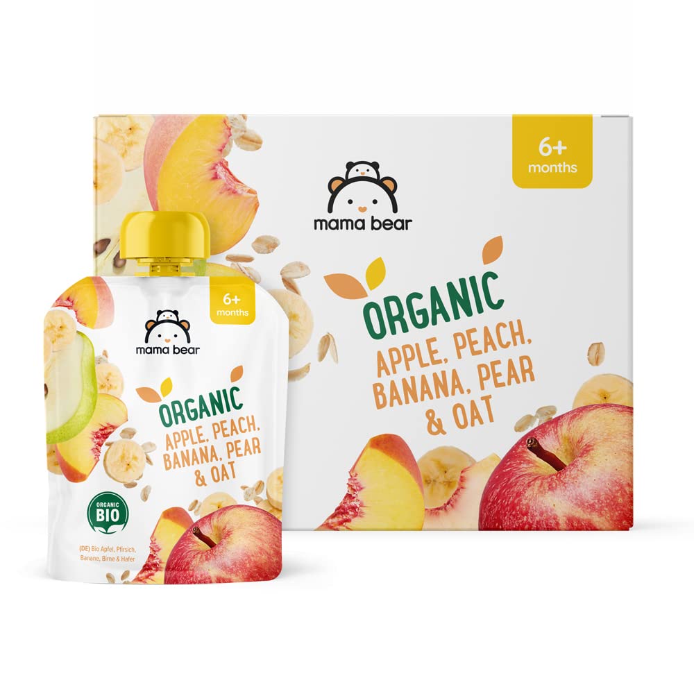 Amazon Brand - Mama Bear Fruit Pouch, Organic Apple, Banana and Strawberry Purée, vegetarian, 90 g (Pack of 6)