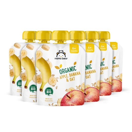 Amazon Brand - Mama Bear Fruit Pouch, Organic Apple, Banana and Strawberry Purée, vegetarian, 90 g (Pack of 6)