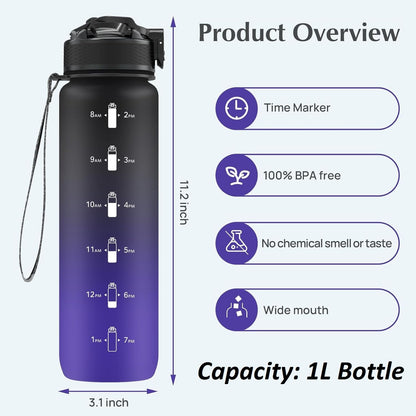 EYQ Water Bottle 1L / 500ML, 16oz / 32oz Leak-Proof Motivational Sports Drinks Bottle with Time Marker, Tritan BPA-Free, Drinking Waterbottles for Fitness, School, Gym, Outdoor Sports