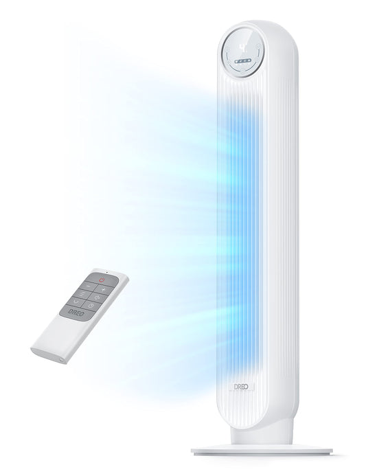 Dreo 28dB Silent Tower Fan, 25ft/s Velocity Electric Cooling Fan with Remote Control 90° Oscillating 4 Speeds 4 Modes 8H Timer LED Display, Quiet Standing Bladeless Floor Fans for Bedroom, Nomad One