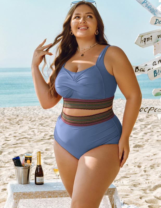 Women's Plus Size Bikini Set Tummy Control Swimwear Twist Cross Push Up Bikini Top and High Waist Bikini Bottoms Soft Swimming Costume Curvy Swimsuits with Adjustable Shoulder Straps