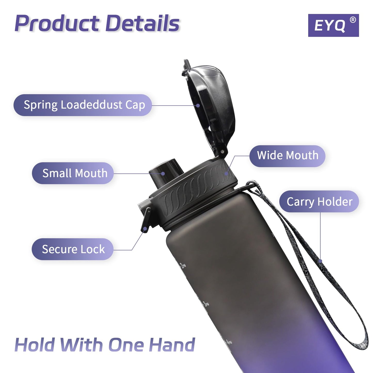 EYQ Water Bottle 1L / 500ML, 16oz / 32oz Leak-Proof Motivational Sports Drinks Bottle with Time Marker, Tritan BPA-Free, Drinking Waterbottles for Fitness, School, Gym, Outdoor Sports
