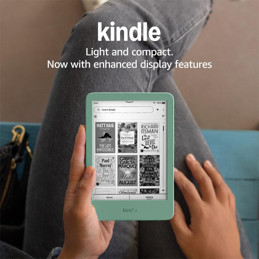 Amazon Kindle (16 GB) – Lightest and most compact Kindle with glare-free display, faster page turns, adjustable front light and long battery life – Without Ads – Matcha