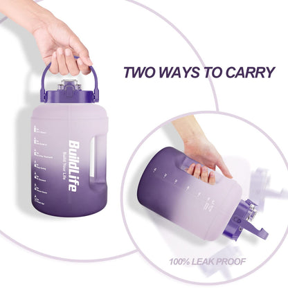 BuildLife Water Bottles with Straw & Flip Cap 2 in 1 Lid - Large Water Bottle with Time Markings BPA Free Leak Proof Wide Mouth Drinks Bottle,2.5 Litre Durable Sports Water Bottle (Black)