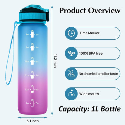 EYQ Water Bottle 1L / 500ML, 16oz / 32oz Leak-Proof Motivational Sports Drinks Bottle with Time Marker, Tritan BPA-Free, Drinking Waterbottles for Fitness, School, Gym, Outdoor Sports