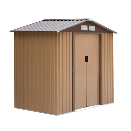 Outsunny 9 x 6ft Metal Garden Shed, Outdoor Storage Tool House with Ventilation Slots, Foundation Kit and Lockable Double Doors, Brown