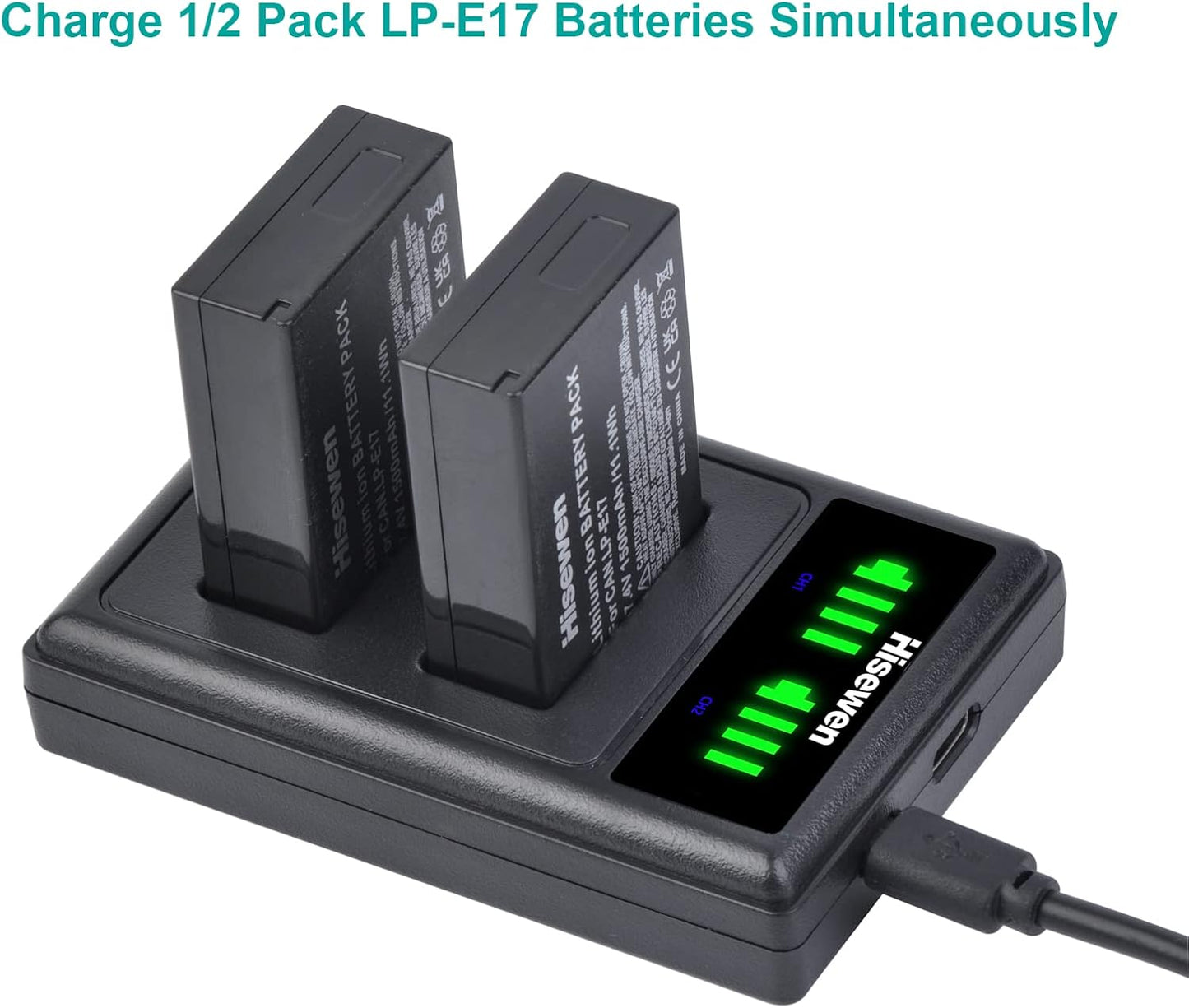 Hisewen LP-E17 Battery and Dual Charger, 2 Pack Replacement Battery for Canon Eos R10, Eos RP, Eos R8, Eos R50, Rebel T8i, T7i, T6i, T6s, EOS M3, M5, M6, EOS 200D, 77D, 750D, 760D, 800D