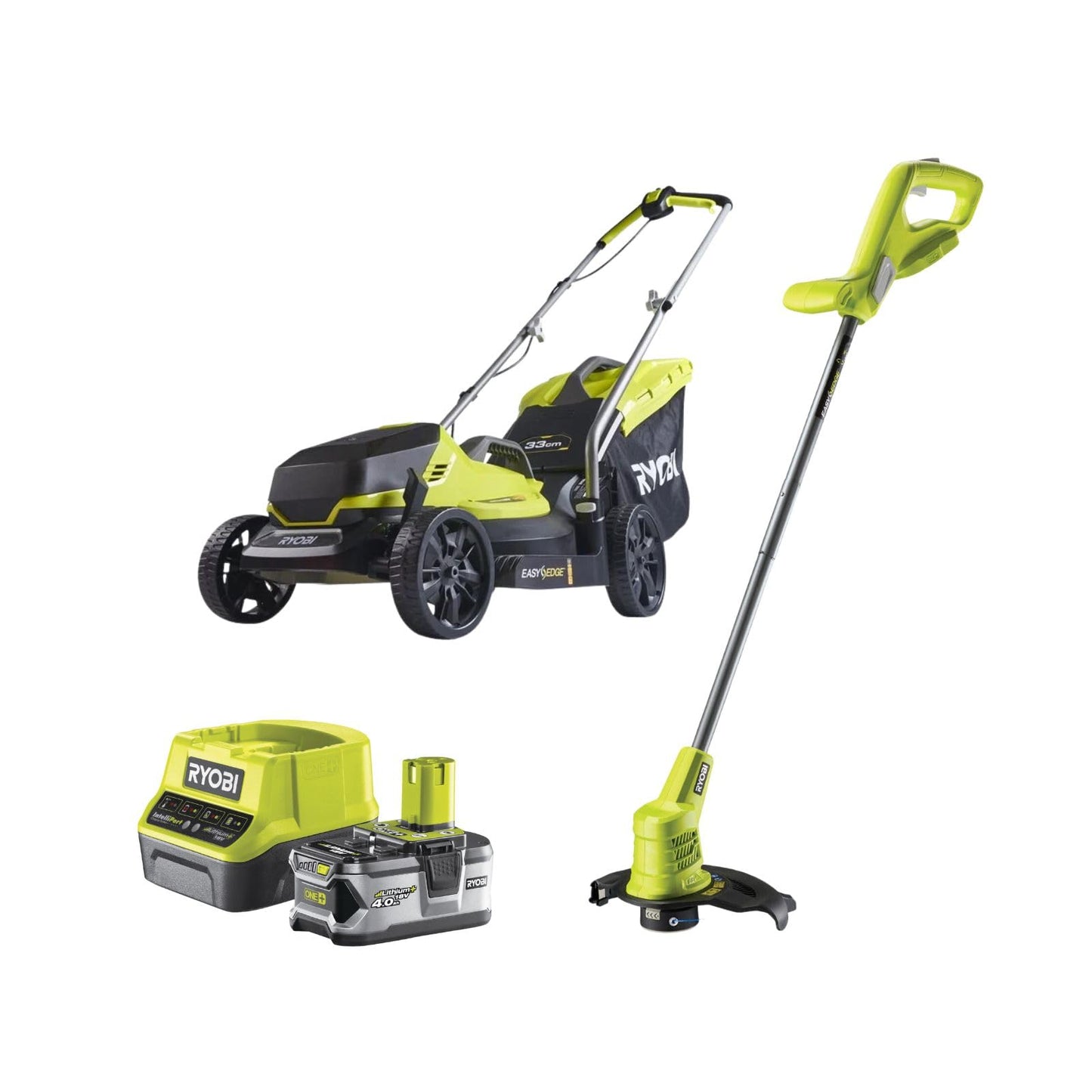 Ryobi 18V ONE+ Cordless Lawnmower and Grass Trimmer Kit (1 x 4.0Ah), Green