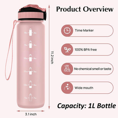 EYQ Water Bottle 1L / 500ML, 16oz / 32oz Leak-Proof Motivational Sports Drinks Bottle with Time Marker, Tritan BPA-Free, Drinking Waterbottles for Fitness, School, Gym, Outdoor Sports