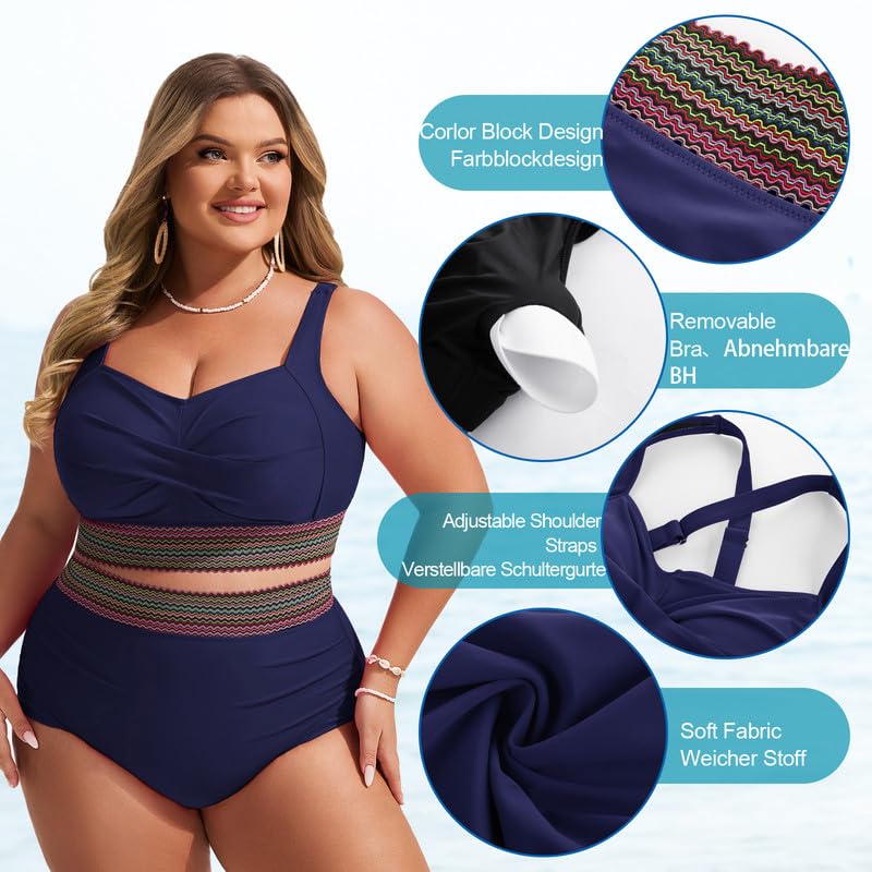 Women's Plus Size Bikini Set Tummy Control Swimwear Twist Cross Push Up Bikini Top and High Waist Bikini Bottoms Soft Swimming Costume Curvy Swimsuits with Adjustable Shoulder Straps