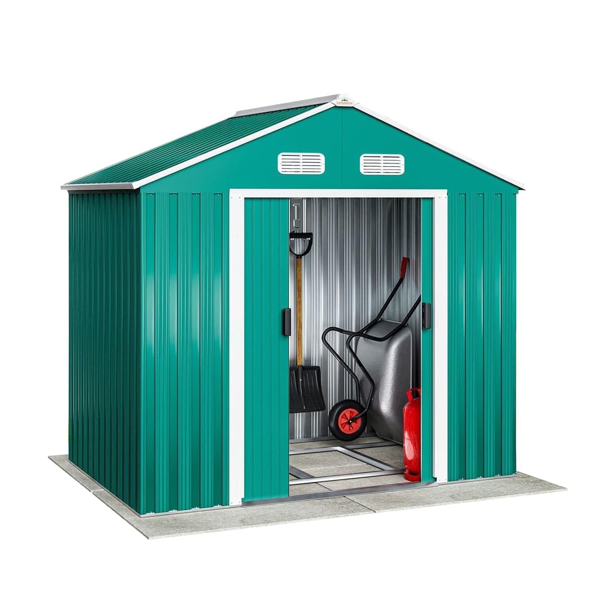 XXXL 8x10' Metal Tool Shed With Foundation | 8m² 15m² | Apex Roof | 312x257x178cm | Sliding Door | Galvanised Steel Garden Equipment Bike Log Storage | Green