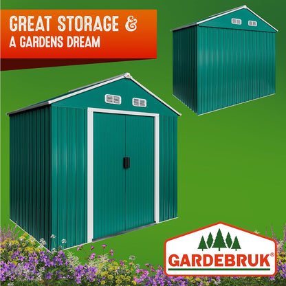 XXXL 8x10' Metal Tool Shed With Foundation | 8m² 15m² | Apex Roof | 312x257x178cm | Sliding Door | Galvanised Steel Garden Equipment Bike Log Storage | Green