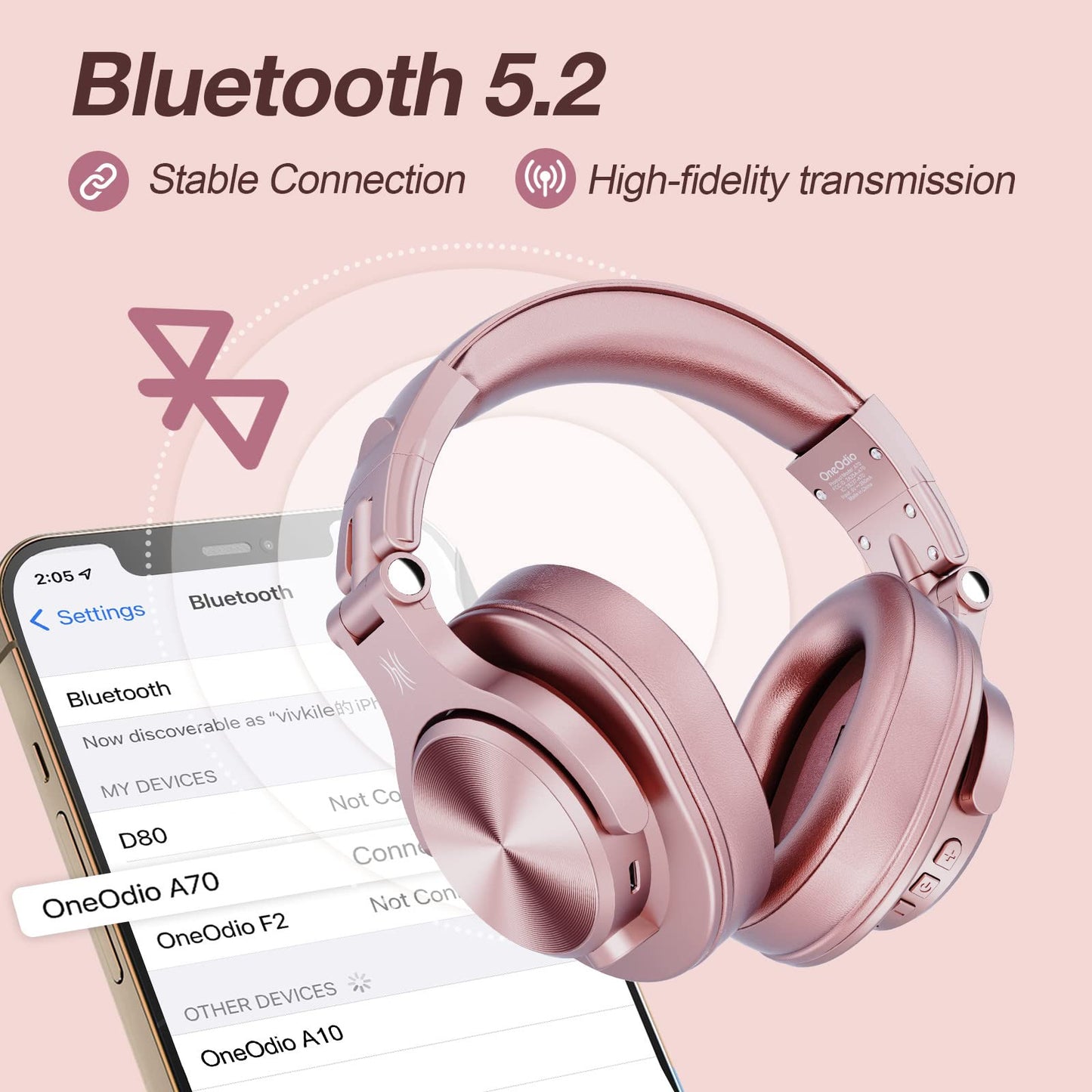 OneOdio A70 Bluetooth Headphones Over Ear, 72 Hrs Playtime, Monitor Level Stereo Sound Quality, Foldable Wireless＆Wired DJ Headphone, Professional Studio Headphones for DJ/TV/PC/Phone
