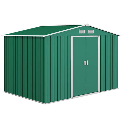 Outsunny 9 x 6ft Metal Garden Shed, Outdoor Storage Tool House with Ventilation Slots, Foundation Kit and Lockable Double Doors, Brown