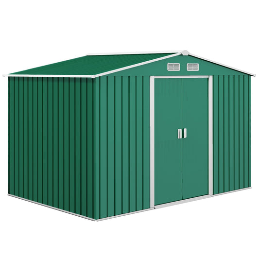 Outsunny 9 x 6ft Metal Garden Shed, Outdoor Storage Tool House with Ventilation Slots, Foundation Kit and Lockable Double Doors, Brown