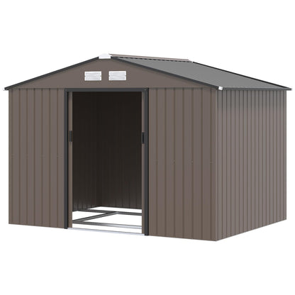 Outsunny 9 x 6ft Metal Garden Shed, Outdoor Storage Tool House with Ventilation Slots, Foundation Kit and Lockable Double Doors, Brown