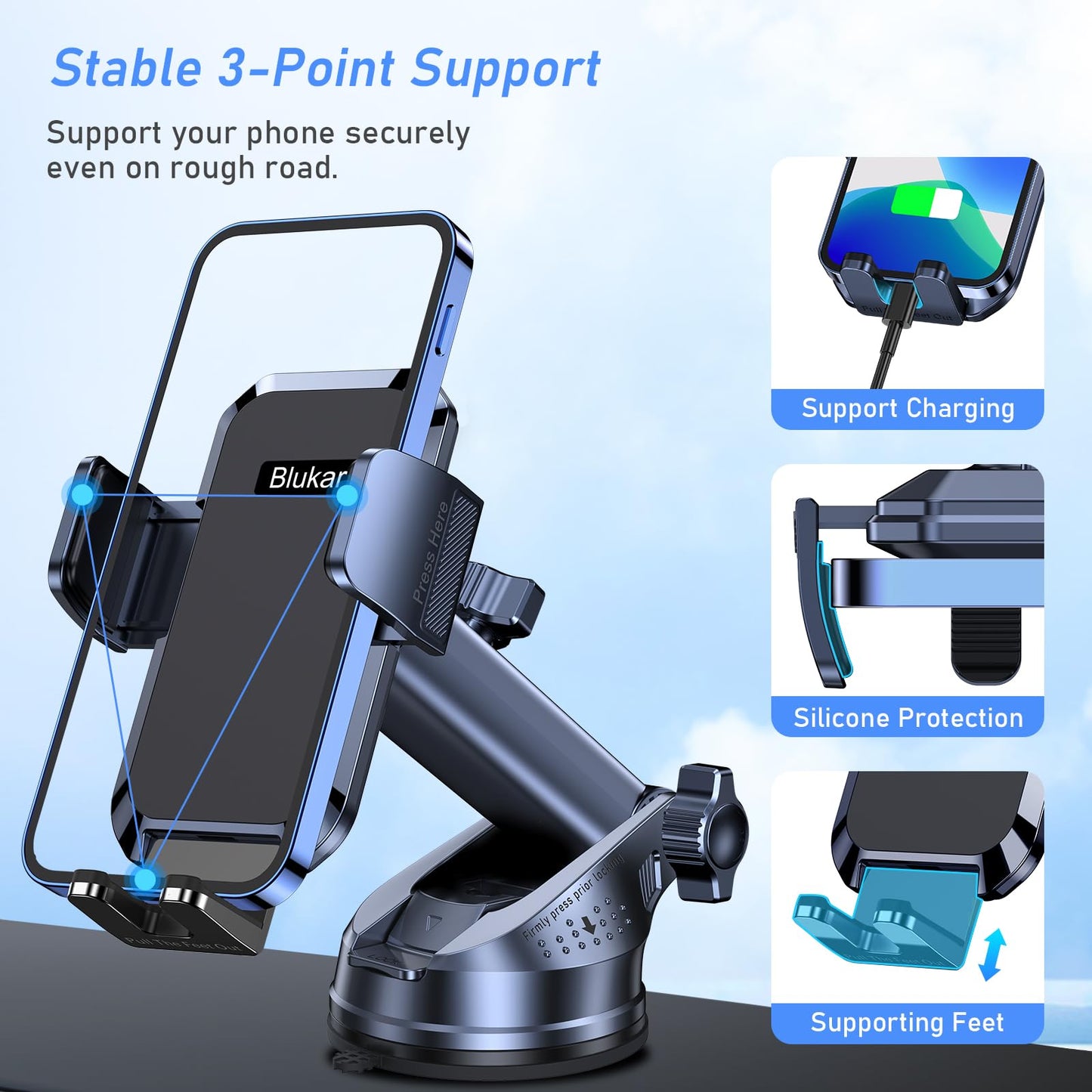 Blukar Car Phone Holder, Adjustable Car Phone Mount 360°