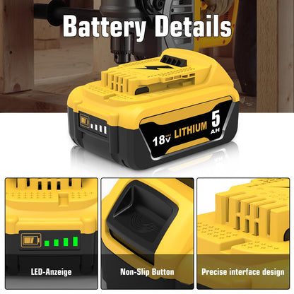 2 Pack Replacement for Dewalt battery 18V 5Ah DCB184 DCB182 DCB181 DCB180 DCB201 DCB200 DCB204 with LED Indicator