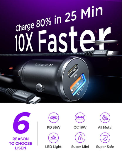 LISEN Car Charger Adapter USB C 54W 12V USB Socket