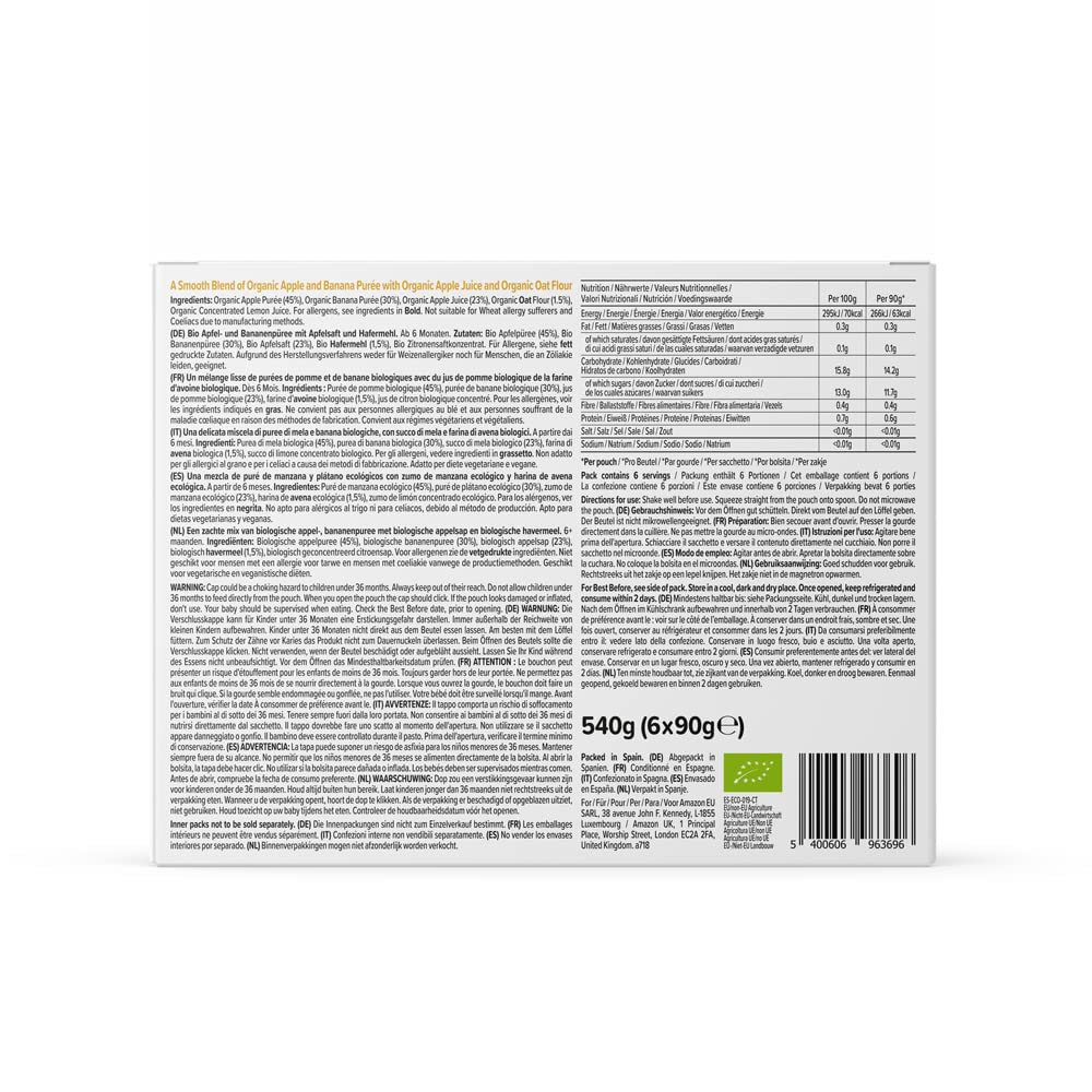 Amazon Brand - Mama Bear Fruit Pouch, Organic Apple, Banana and Strawberry Purée, vegetarian, 90 g (Pack of 6)