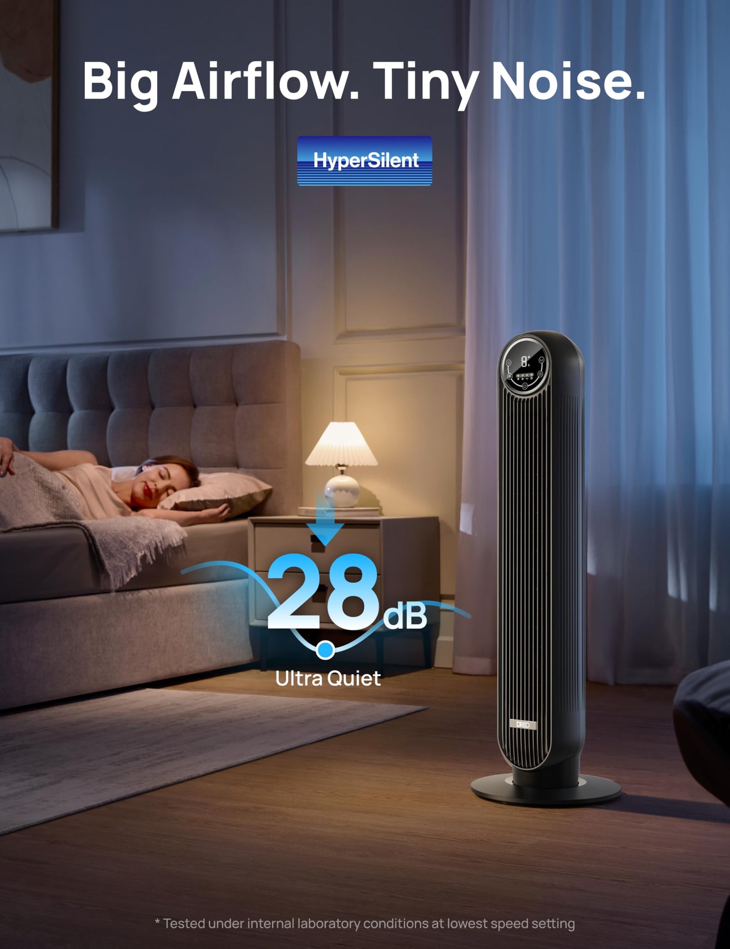 Dreo 28dB Silent Tower Fan, 25ft/s Velocity Electric Cooling Fan with Remote Control 90° Oscillating 4 Speeds 4 Modes 8H Timer LED Display, Quiet Standing Bladeless Floor Fans for Bedroom, Nomad One