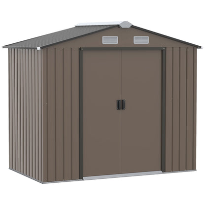 Outsunny 9 x 6ft Metal Garden Shed, Outdoor Storage Tool House with Ventilation Slots, Foundation Kit and Lockable Double Doors, Brown