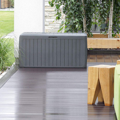 CASARIA® 290 Litre Garden Storage Box | Plastic Outdoor Tool Chest on Wheels | Lockable | Parcel Box | Log Store | Weatherproof | Wood Effect | 117x47x60cm | Brown