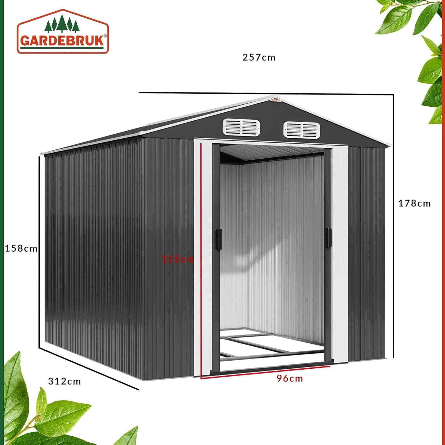 XXXL 8x10' Metal Tool Shed With Foundation | 8m² 15m² | Apex Roof | 312x257x178cm | Sliding Door | Galvanised Steel Garden Equipment Bike Log Storage | Green