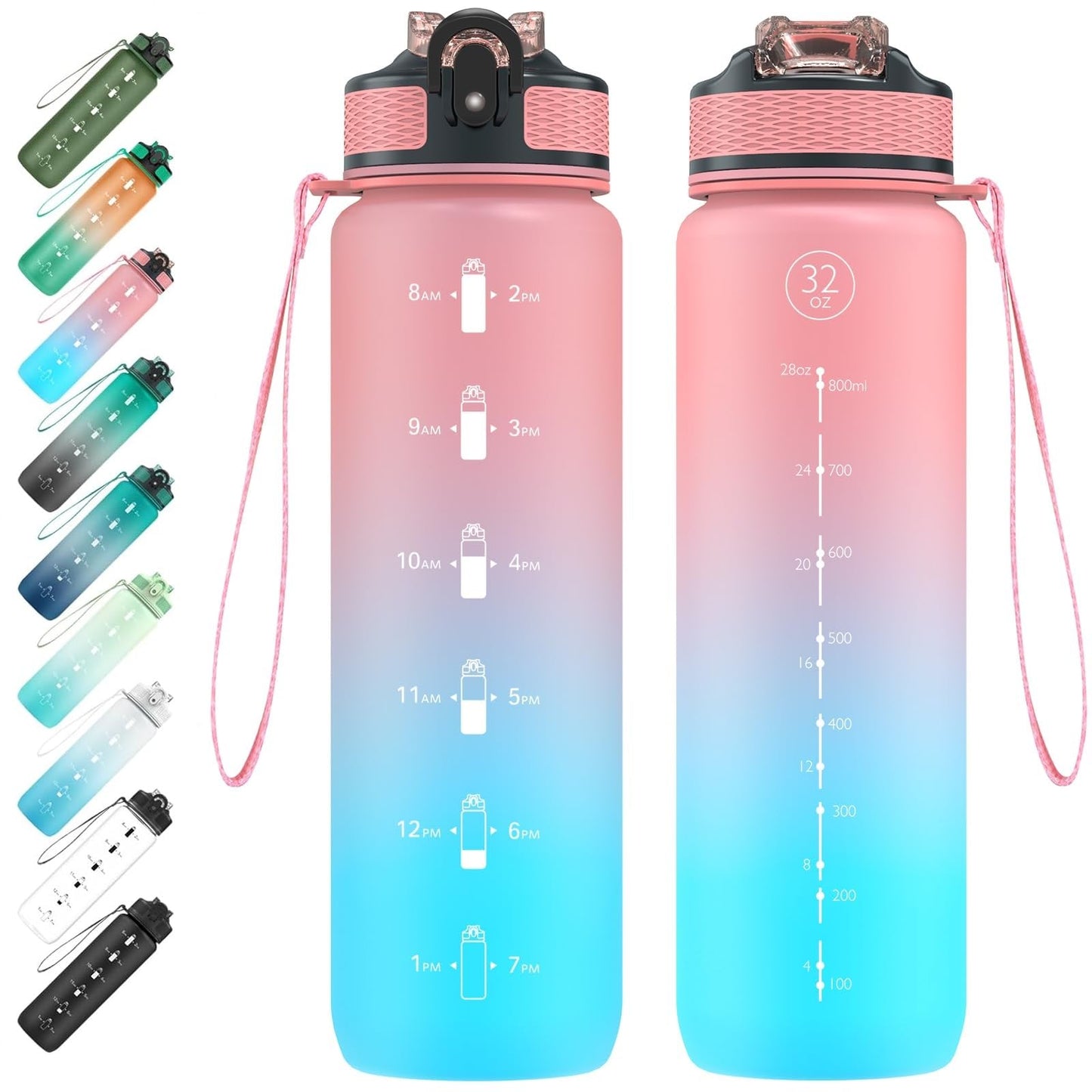 EYQ Water Bottle 1L / 500ML, 16oz / 32oz Leak-Proof Motivational Sports Drinks Bottle with Time Marker, Tritan BPA-Free, Drinking Waterbottles for Fitness, School, Gym, Outdoor Sports