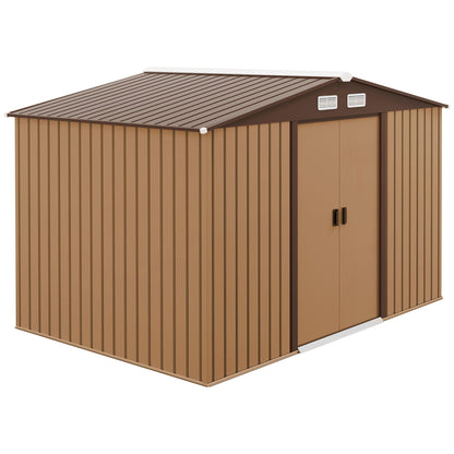 Outsunny 9 x 6ft Metal Garden Shed, Outdoor Storage Tool House with Ventilation Slots, Foundation Kit and Lockable Double Doors, Brown