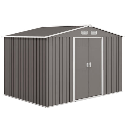 Outsunny 9 x 6ft Metal Garden Shed, Outdoor Storage Tool House with Ventilation Slots, Foundation Kit and Lockable Double Doors, Brown