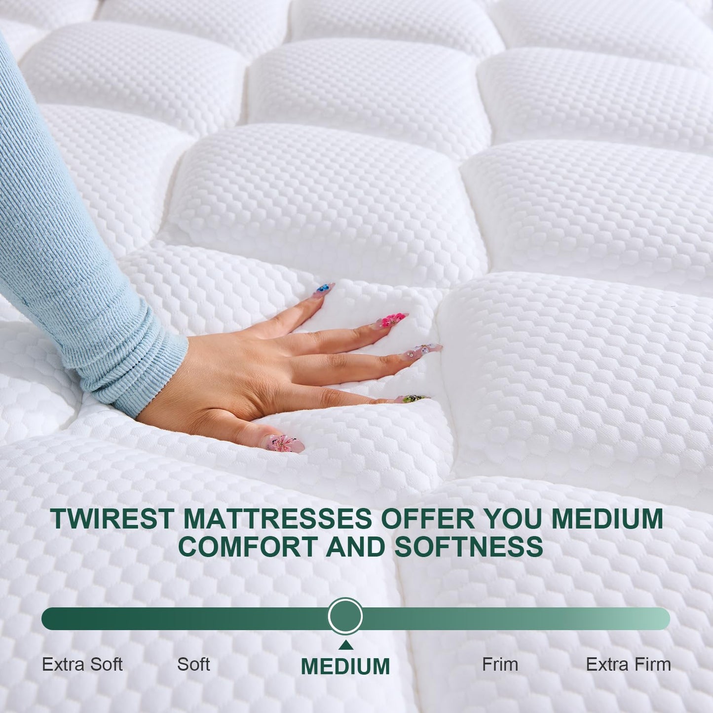 Twirest Double Mattress, Hybrid Memory Foam and Spring Mattress, Zonal Support, Decompression, Medium Firm, Soft and Breathable Cloth, Rolled-in-Box, 135x190x22cm