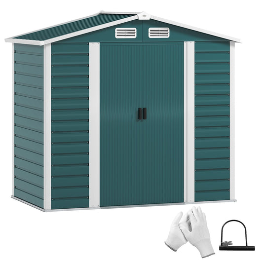 Outsunny 7 x 4ft Garden Shed, Easy to Assemble, Upgraded Galvanised Steel Frame with Foundation Kit, Double Doors with Lock, Outdoor Metal Shed with Vents and Gloves, Garden Storage Shed, Dark Grey