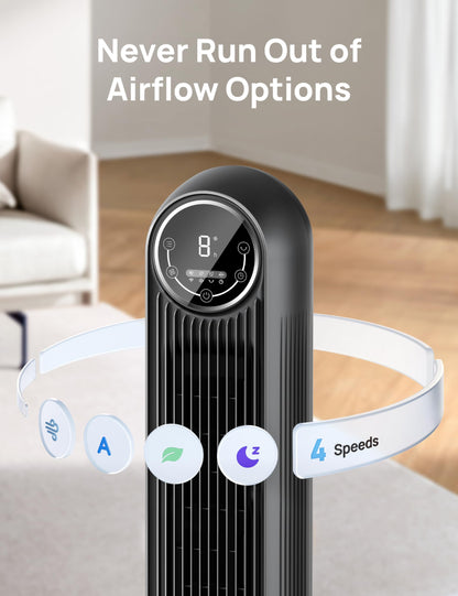 Dreo 28dB Silent Tower Fan, 25ft/s Velocity Electric Cooling Fan with Remote Control 90° Oscillating 4 Speeds 4 Modes 8H Timer LED Display, Quiet Standing Bladeless Floor Fans for Bedroom, Nomad One