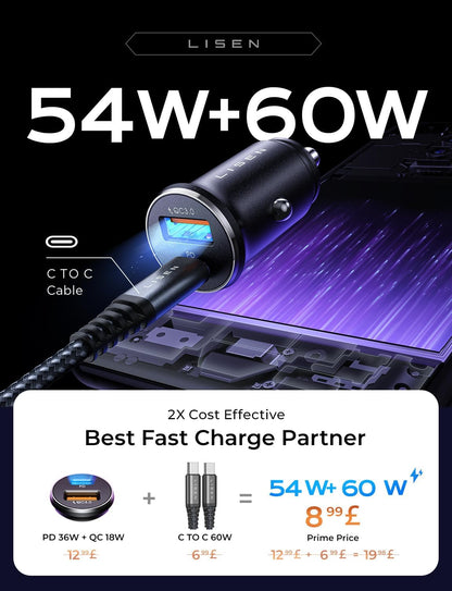 LISEN Car Charger Adapter USB C 54W 12V USB Socket