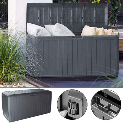 CASARIA® 290 Litre Garden Storage Box | Plastic Outdoor Tool Chest on Wheels | Lockable | Parcel Box | Log Store | Weatherproof | Wood Effect | 117x47x60cm | Brown