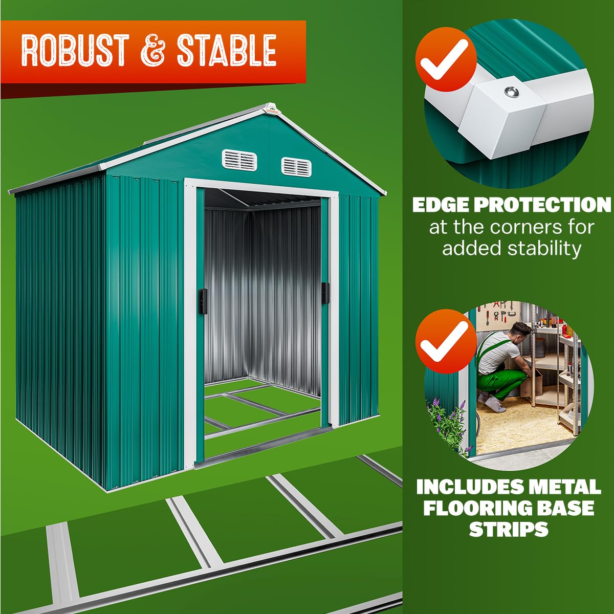 XXXL 8x10' Metal Tool Shed With Foundation | 8m² 15m² | Apex Roof | 312x257x178cm | Sliding Door | Galvanised Steel Garden Equipment Bike Log Storage | Green