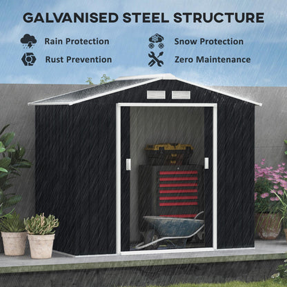 Outsunny 9 x 6ft Metal Garden Shed, Outdoor Storage Tool House with Ventilation Slots, Foundation Kit and Lockable Double Doors, Brown