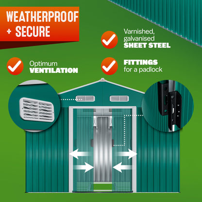 XXXL 8x10' Metal Tool Shed With Foundation | 8m² 15m² | Apex Roof | 312x257x178cm | Sliding Door | Galvanised Steel Garden Equipment Bike Log Storage | Green