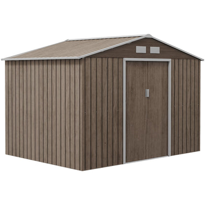 Outsunny 9 x 6ft Metal Garden Shed, Outdoor Storage Tool House with Ventilation Slots, Foundation Kit and Lockable Double Doors, Brown