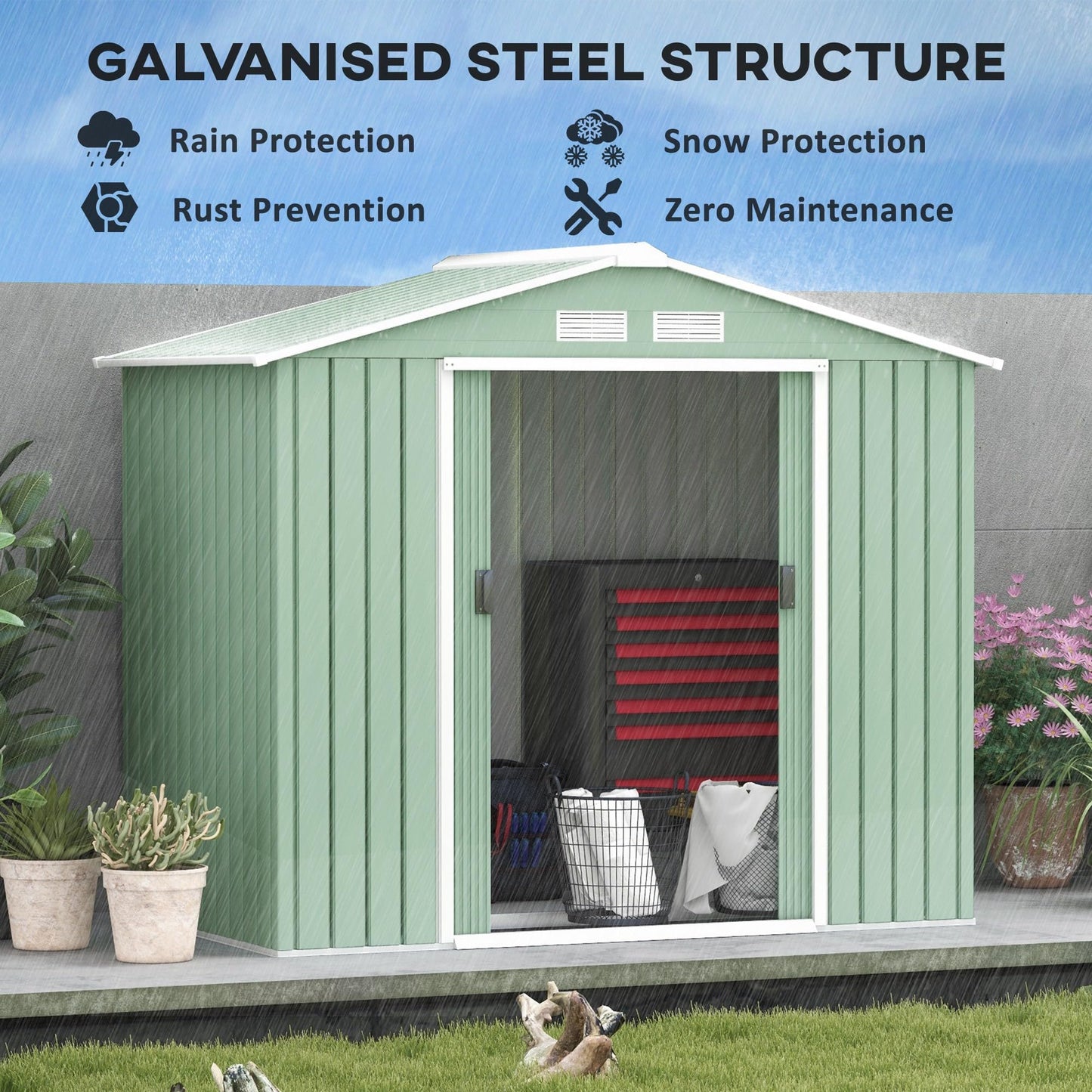 Outsunny 9 x 6ft Metal Garden Shed, Outdoor Storage Tool House with Ventilation Slots, Foundation Kit and Lockable Double Doors, Brown