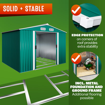 XXXL 8x10' Metal Tool Shed With Foundation | 8m² 15m² | Apex Roof | 312x257x178cm | Sliding Door | Galvanised Steel Garden Equipment Bike Log Storage | Green