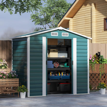 Outsunny 7 x 4ft Garden Shed, Easy to Assemble, Upgraded Galvanised Steel Frame with Foundation Kit, Double Doors with Lock, Outdoor Metal Shed with Vents and Gloves, Garden Storage Shed, Dark Grey