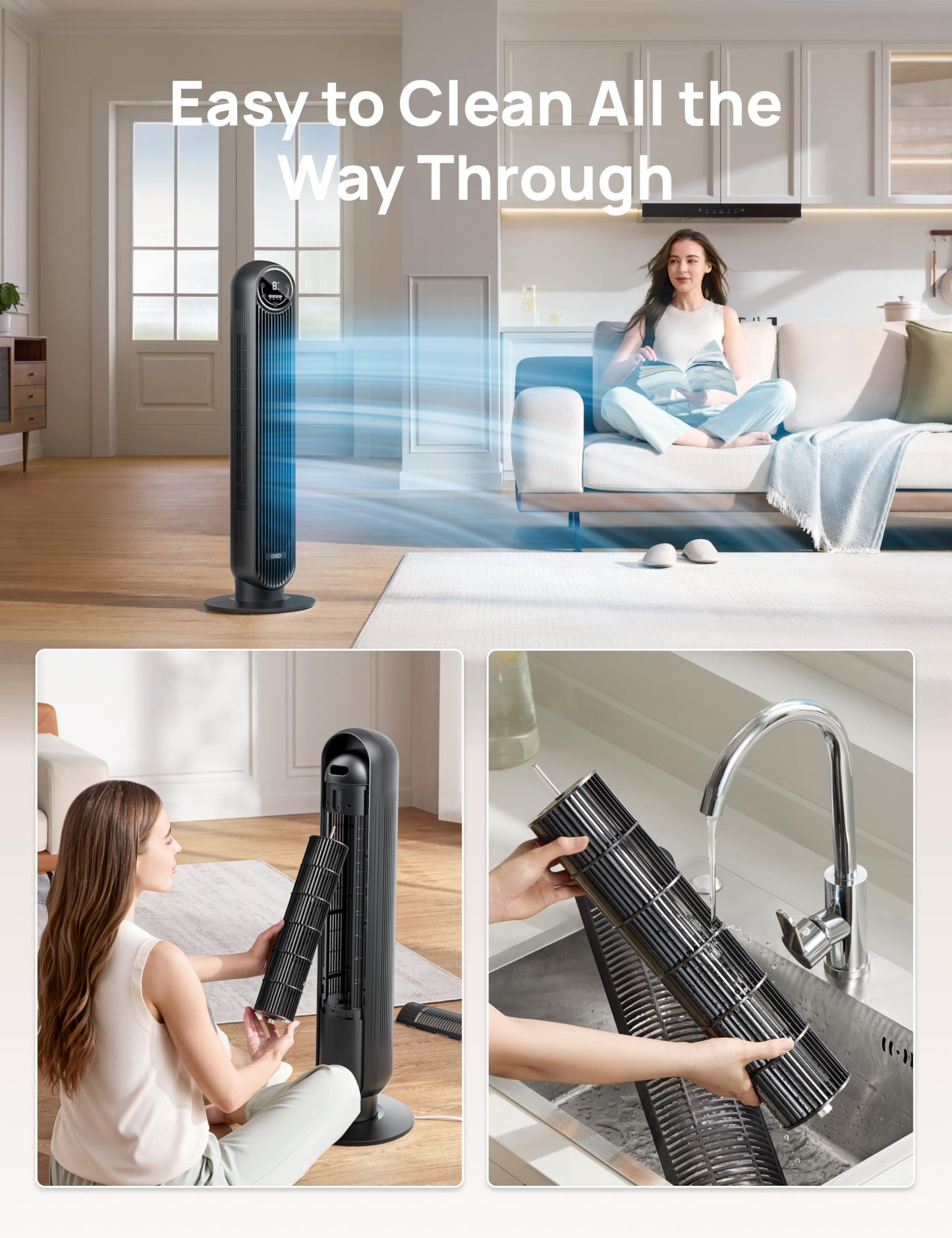 Dreo 28dB Silent Tower Fan, 25ft/s Velocity Electric Cooling Fan with Remote Control 90° Oscillating 4 Speeds 4 Modes 8H Timer LED Display, Quiet Standing Bladeless Floor Fans for Bedroom, Nomad One