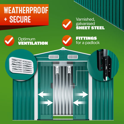 XXXL 8x10' Metal Tool Shed With Foundation | 8m² 15m² | Apex Roof | 312x257x178cm | Sliding Door | Galvanised Steel Garden Equipment Bike Log Storage | Green