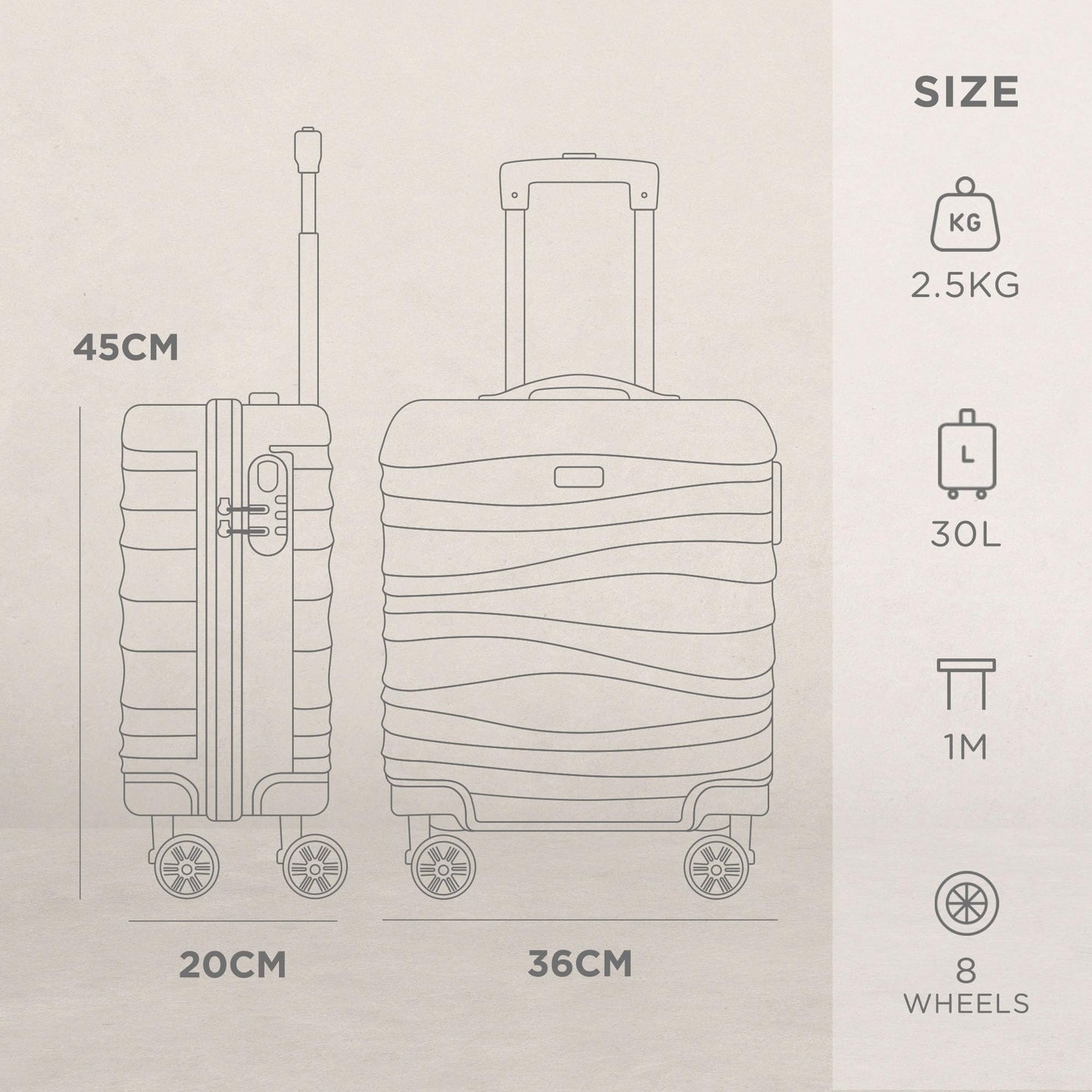 Wave Cabin Suitcase 45x36x20cm - Lightweight Double Wheel Luggage Bag