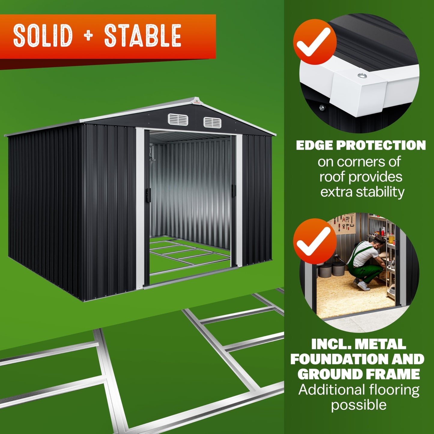 XXXL 8x10' Metal Tool Shed With Foundation | 8m² 15m² | Apex Roof | 312x257x178cm | Sliding Door | Galvanised Steel Garden Equipment Bike Log Storage | Green