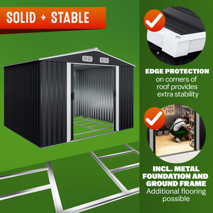 XXXL 8x10' Metal Tool Shed With Foundation | 8m² 15m² | Apex Roof | 312x257x178cm | Sliding Door | Galvanised Steel Garden Equipment Bike Log Storage | Green