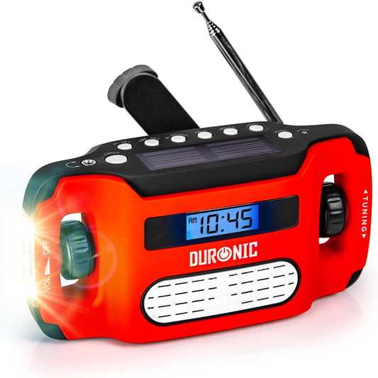 Duronic Solar Radio, HYBRID, Wind Up Manual Hand Crank Self-Powered Emergency Dynamo AM/FM Radio, USB Phone Charger, Small & Portable with Rechargeable Battery for Outdoor Weather Camping, Hiking
